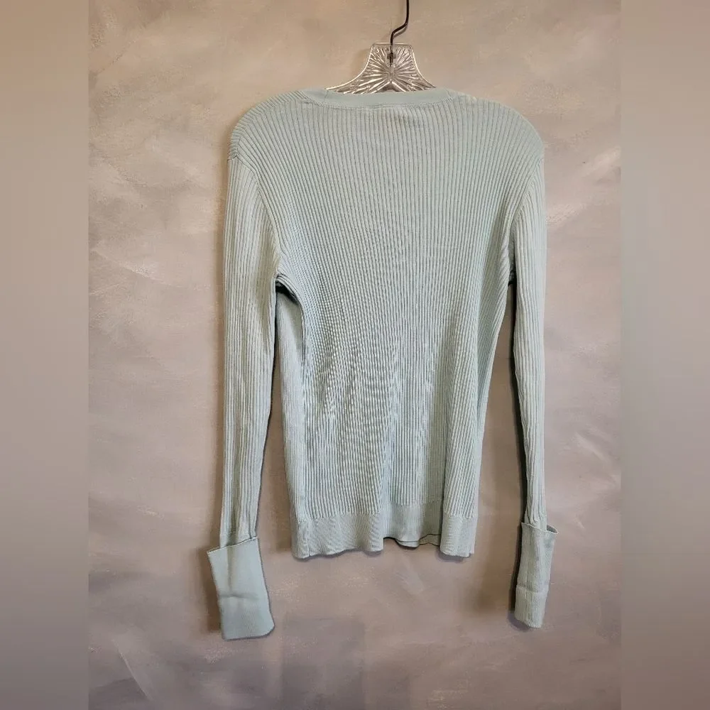 Tory Burch Simone Ribbed Button Down Cardigan Blue Gold Cotton Sz S